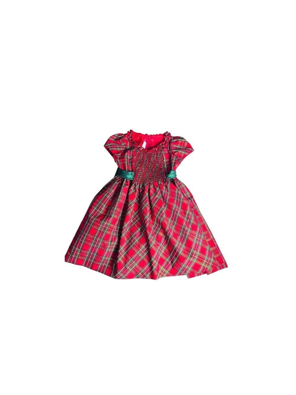 Girls Red Plaid Smocked Holiday Dress Short Puff Sleeve Tulle Size 5 - Picture 2 of 10